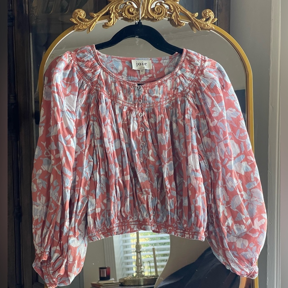 Joie May Cropped Floral-Print Blue and Pink Blouse
